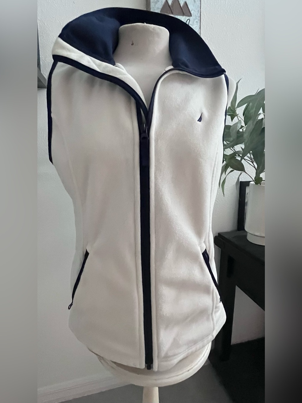 Nautica White Fleece Vest with Navy Trim